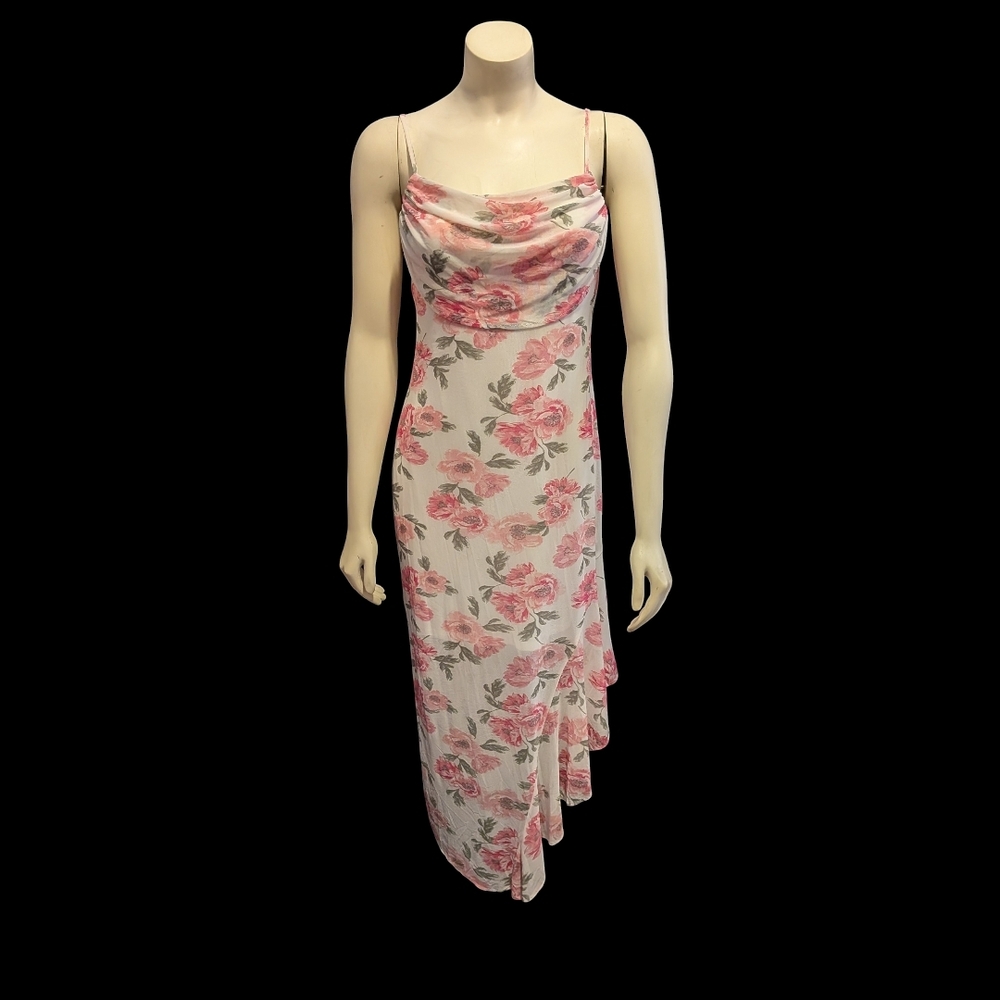Y2K Floral Cowl Neck Midi Dress Pink + White with ASYMETRIC Hem. Size Medium.